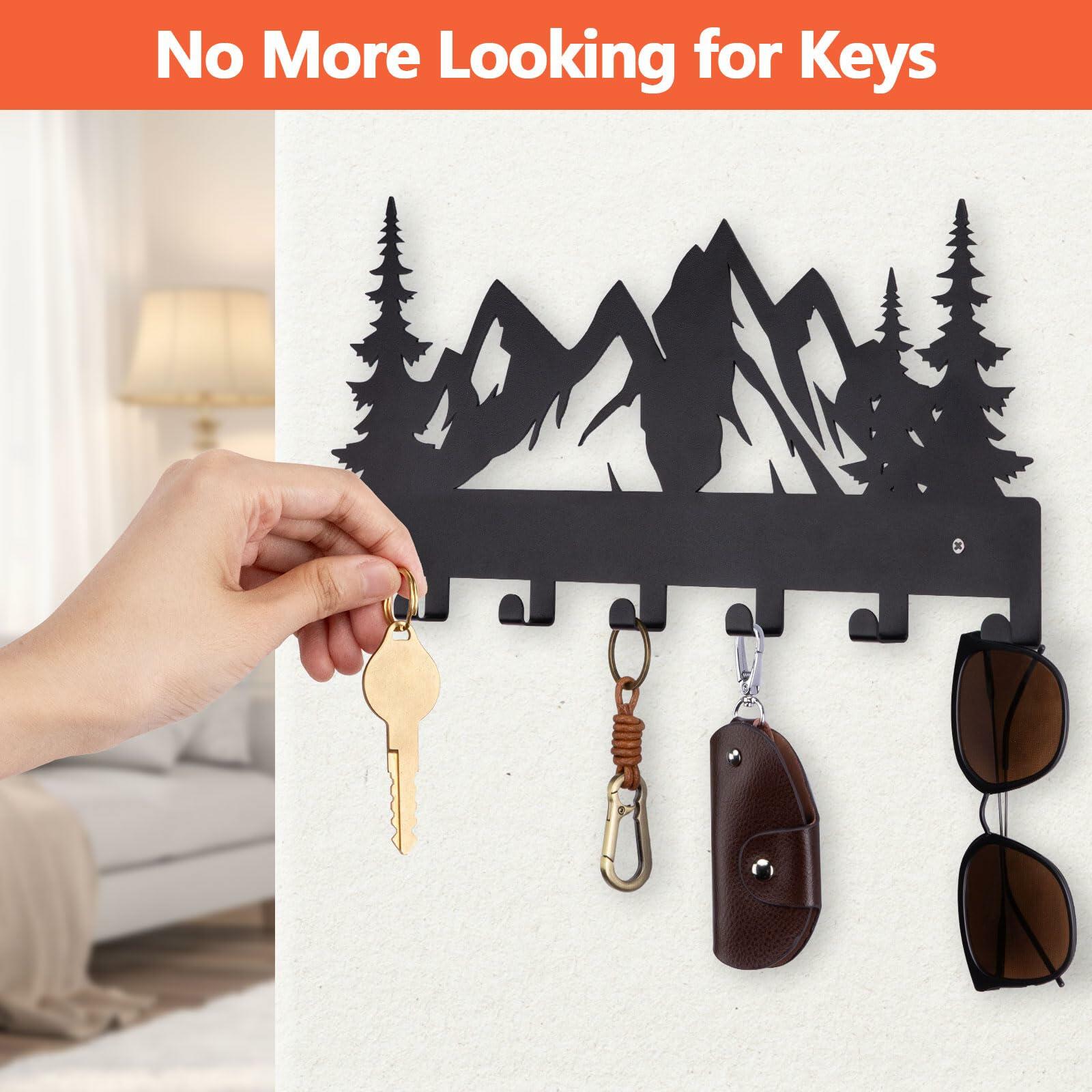 FIPUTE Metal Wall Key Holder with 7 Hooks Black Organizer Rack