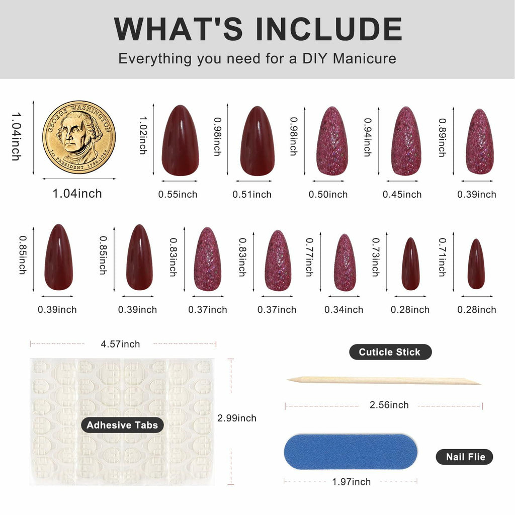 Yersunsy 24Pcs Almond Long Press On Nails Glitter Bling Wine Red