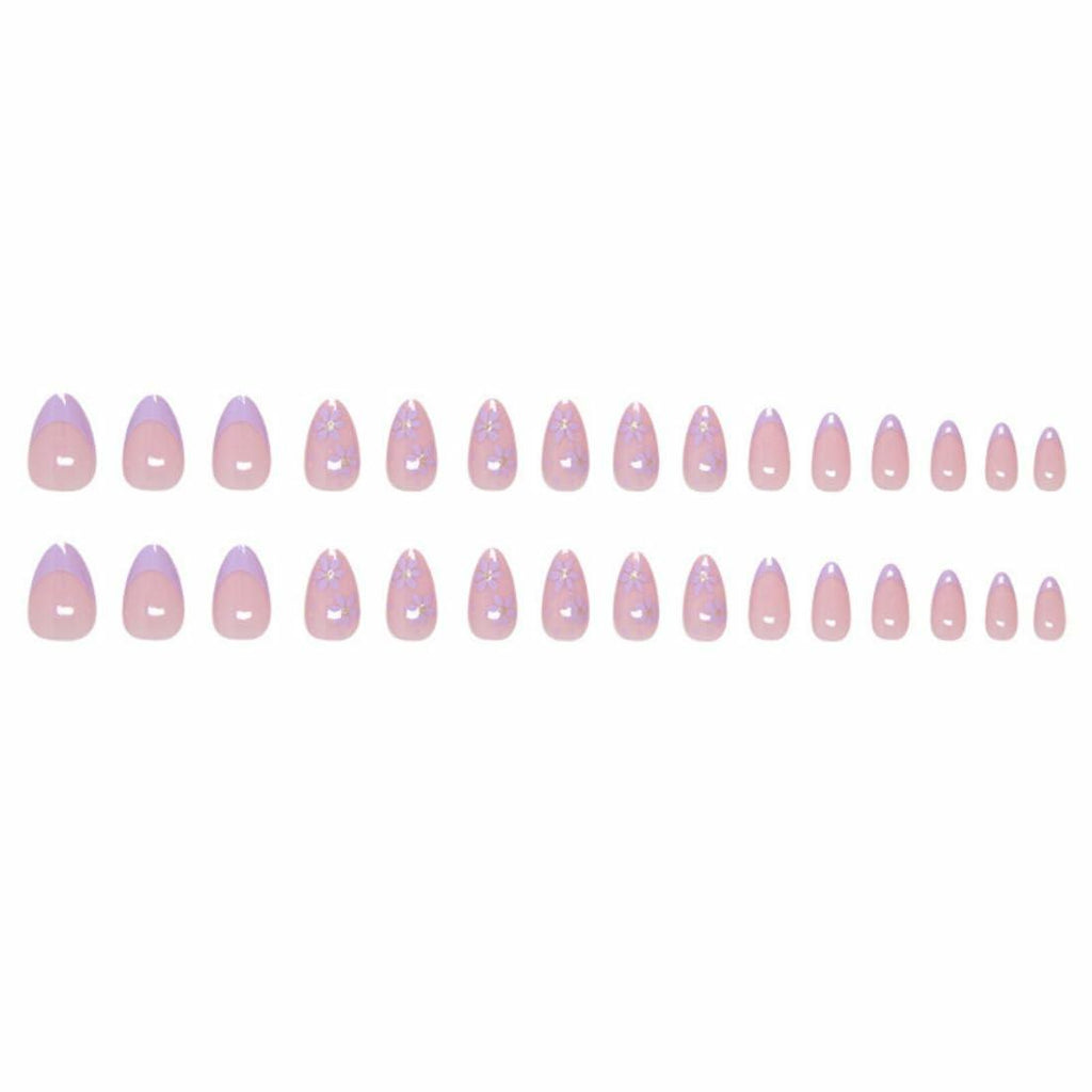 Press On Nails Purple Flower Design Fake Nail Art Manicure 30 Pcs