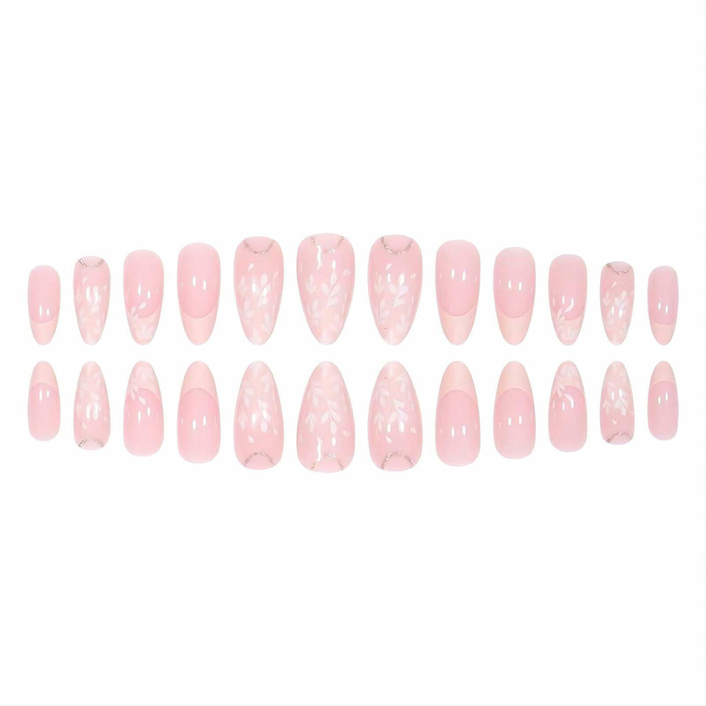 RUOKEXIN Pink Press On Nails Medium Almond French White Tip Glitter Leaves