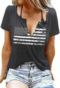 Womens Patriotic V Neck T Shirt American Flag Graphic Dark Gray Size XL
