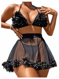 OYOANGLE Women's 3-Piece Halter Triangle Bikini Swimsuit Mesh Skirt Black M