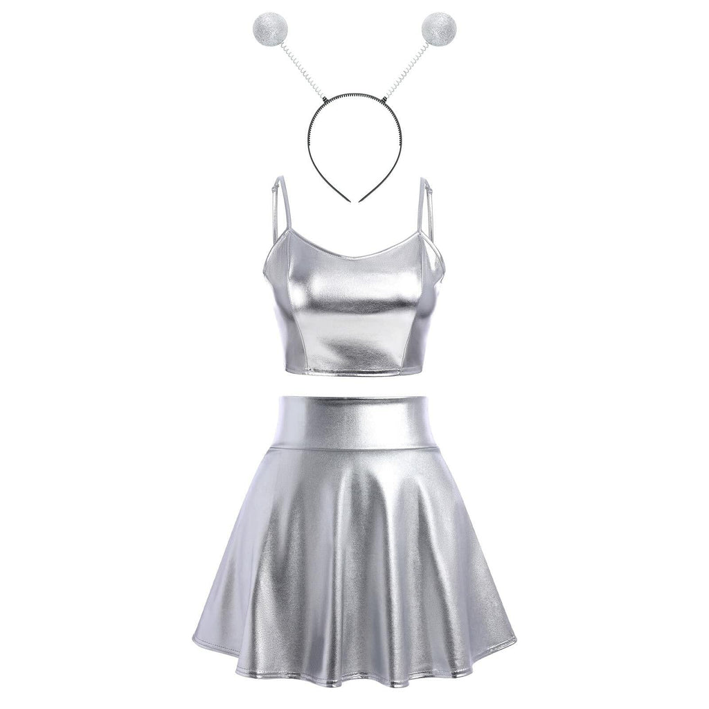 Alien Costume Women Metallic Crop Top Skirt Headband Silver Size 2XL