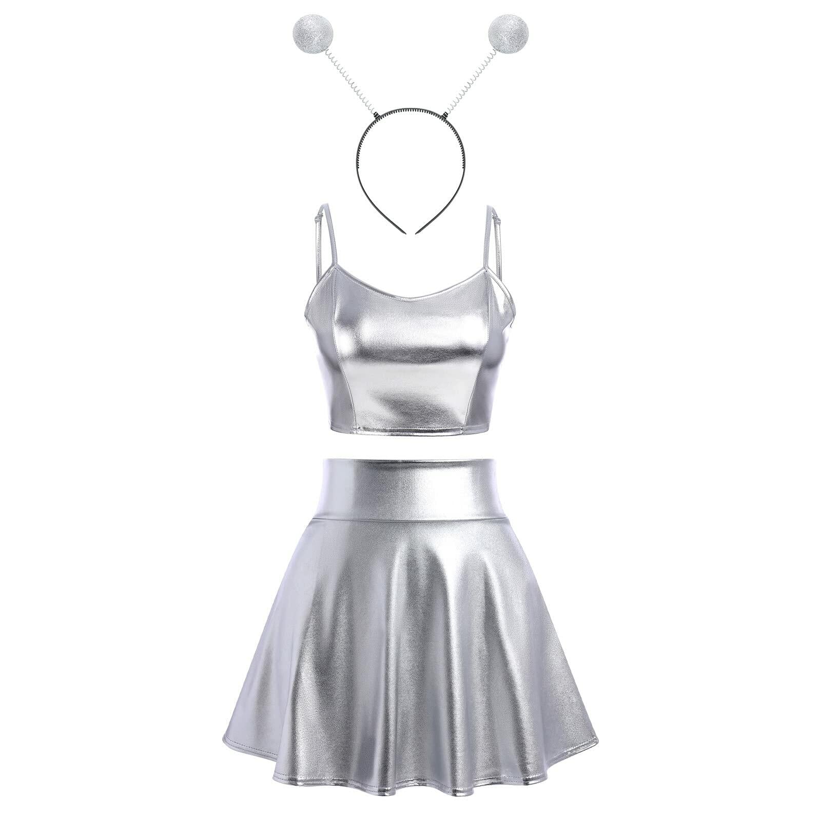 Alien Costume Women Metallic Crop Top Skirt Headband Silver Size 2XL