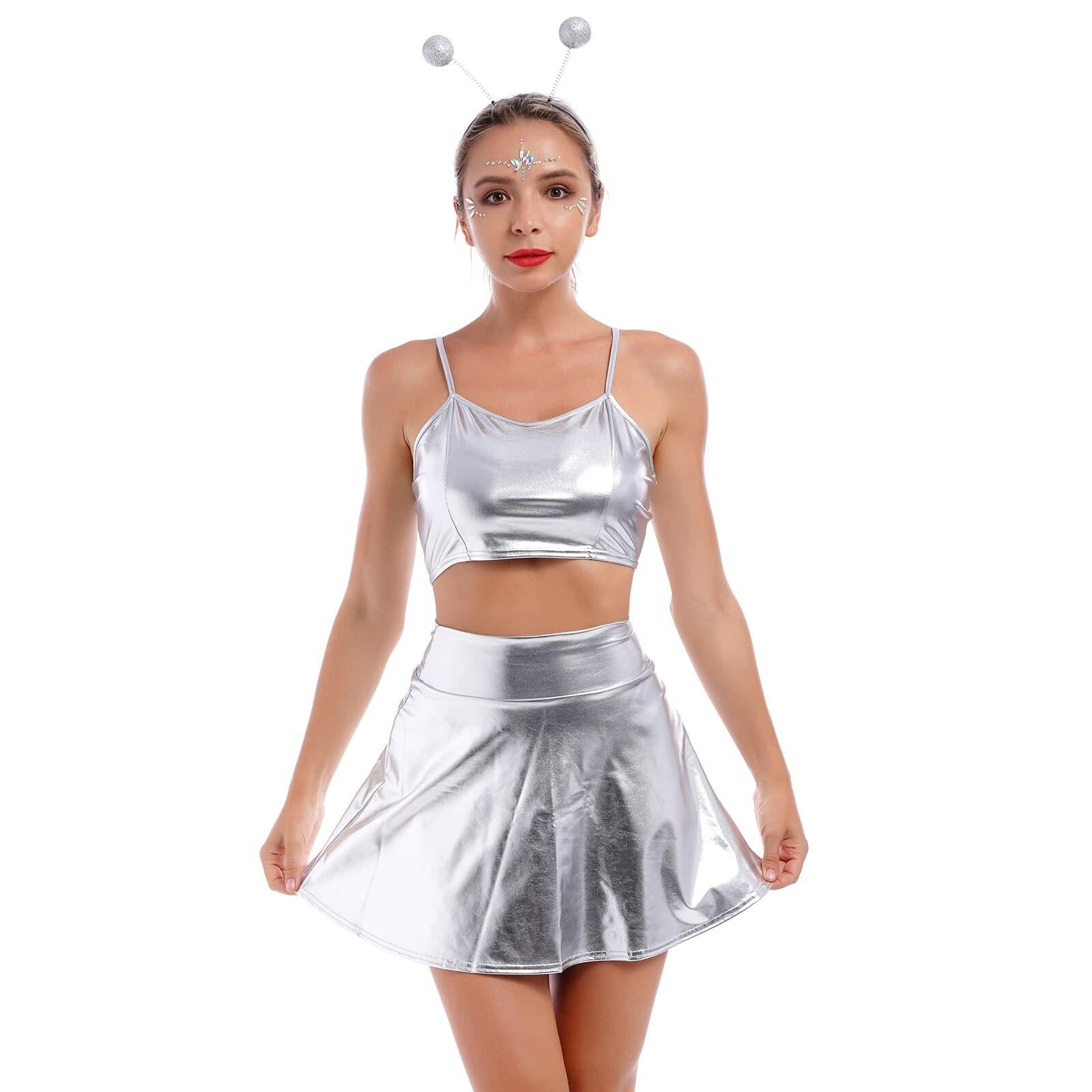 Alien Costume Women Metallic Crop Top Skirt Headband Silver Size 2XL