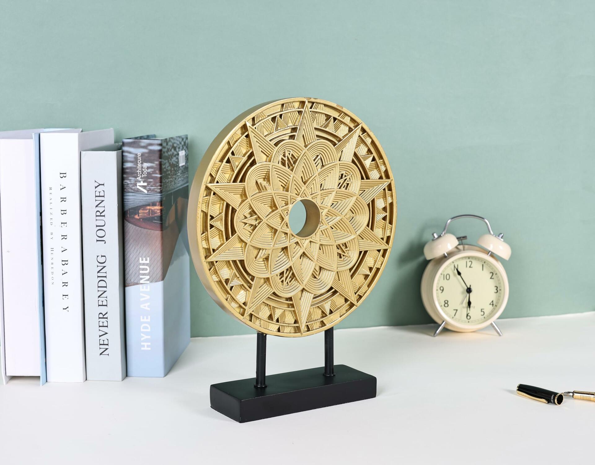 Geometric Mandala Sculpture Black Gold Round Art Decor for Shelf Table Office