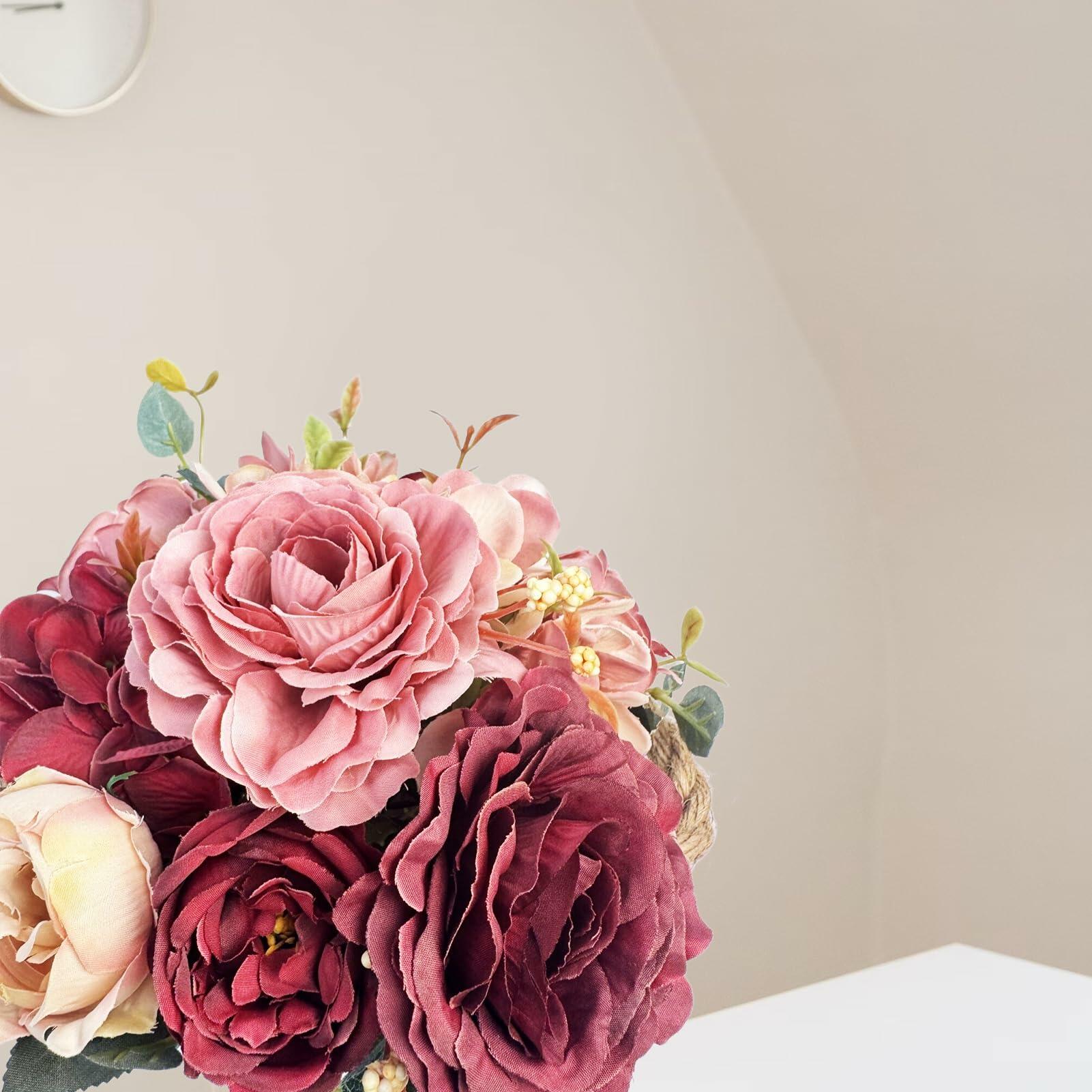 XDDCPWL Faux Silk Roses Flower Arrangement Pink Red Beige Vase Decor