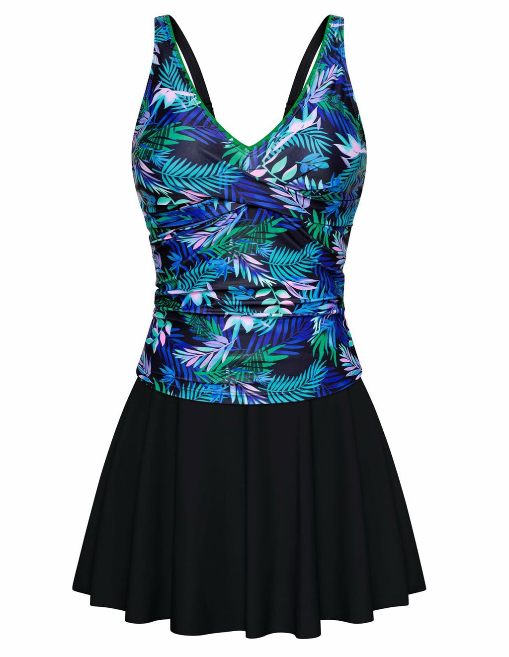Kate Kasin Women's Tummy Control Tankini Swim Dress Blue Leaf Size S