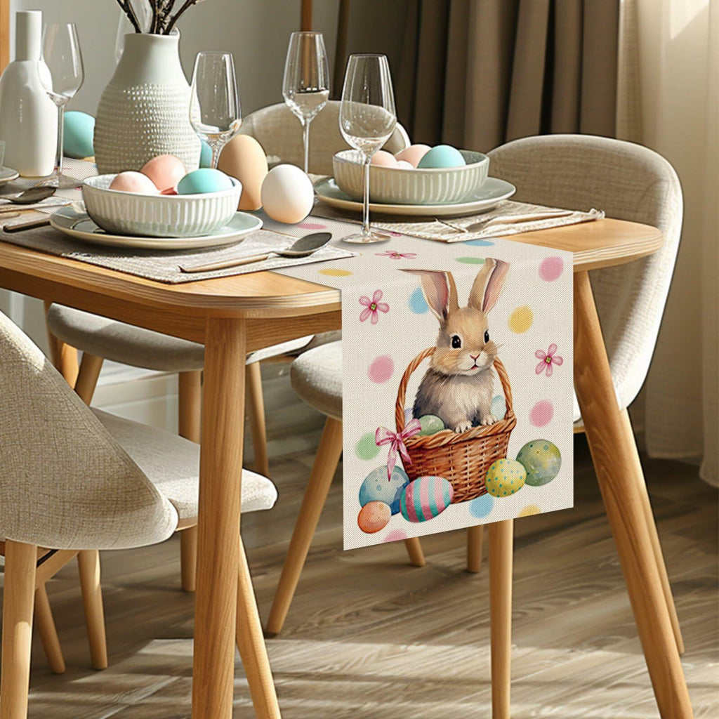 QIONG MENG Easter Table Runner Bunny Eggs Basket Flowers 13x72 Inch