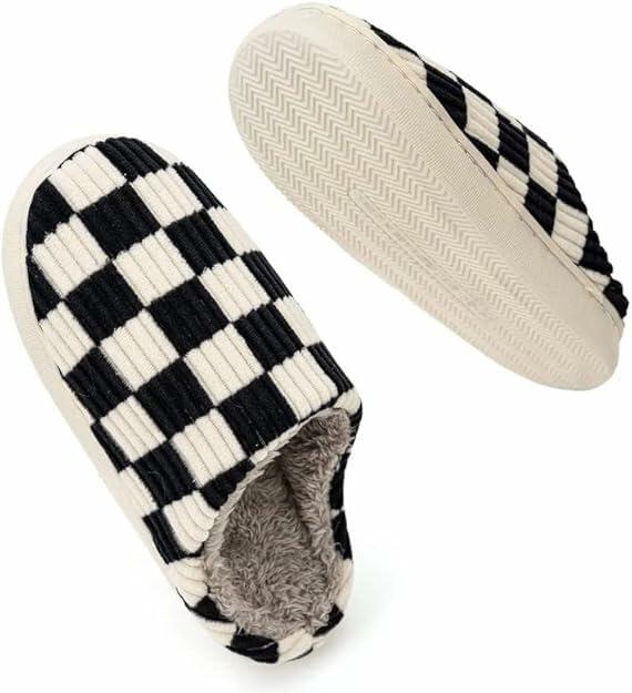 kissxiaoya Unisex Plaid Memory Foam House Slippers Black Size 4-4.5