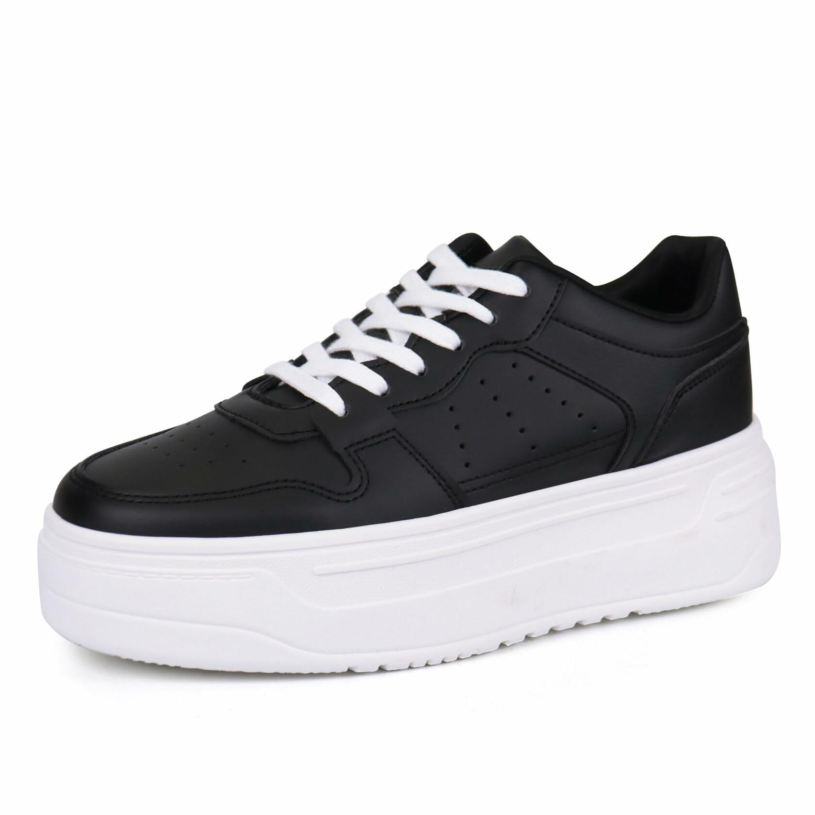 JABASIC Women Platform Sneakers Low Top Lace Up Walking Shoes Black Size 7
