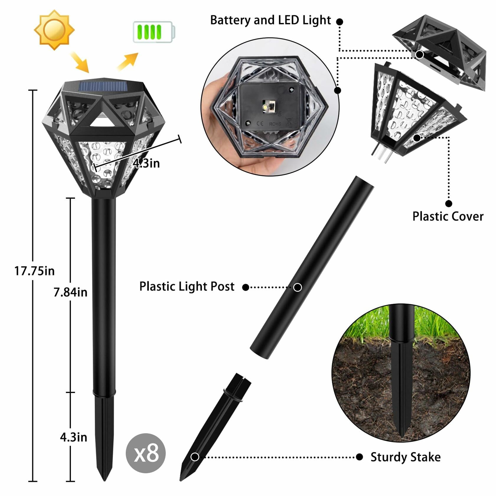 Ouddy Decor Solar Lights Outdoor Waterproof LED Garden Lights Cool White 8 Pack