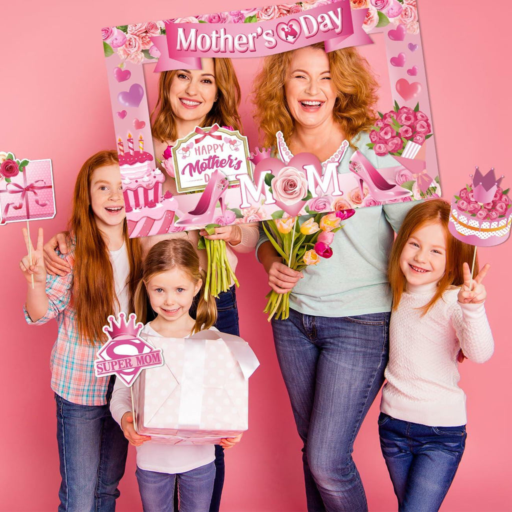 Mothers Day Decorations 23pcs Photo Booth Props Pink Frame Party Supplies