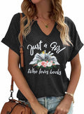 Women Book Lovers Graphic Tee V Neck Short Sleeve Dark Gray Size M