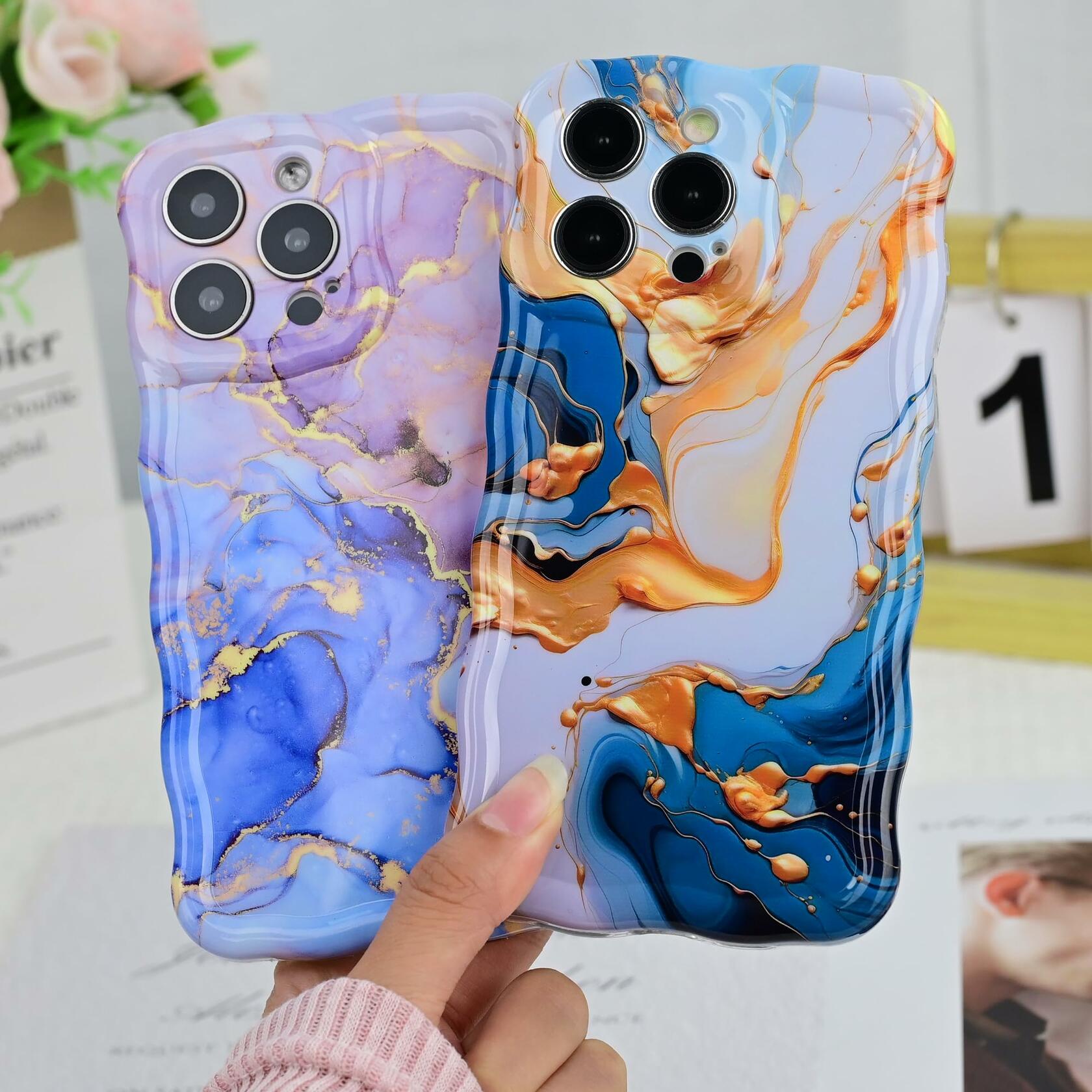 DORAFIN iPhone 15 Pro Case 6.1 Marble Glossy Shockproof TPU Blue/Gold