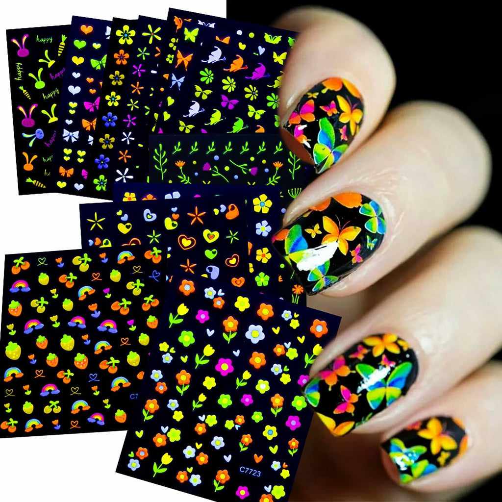 Fluorescent Nail Art Stickers 24 Sheets 3D Butterflies Stars Flowers DIY