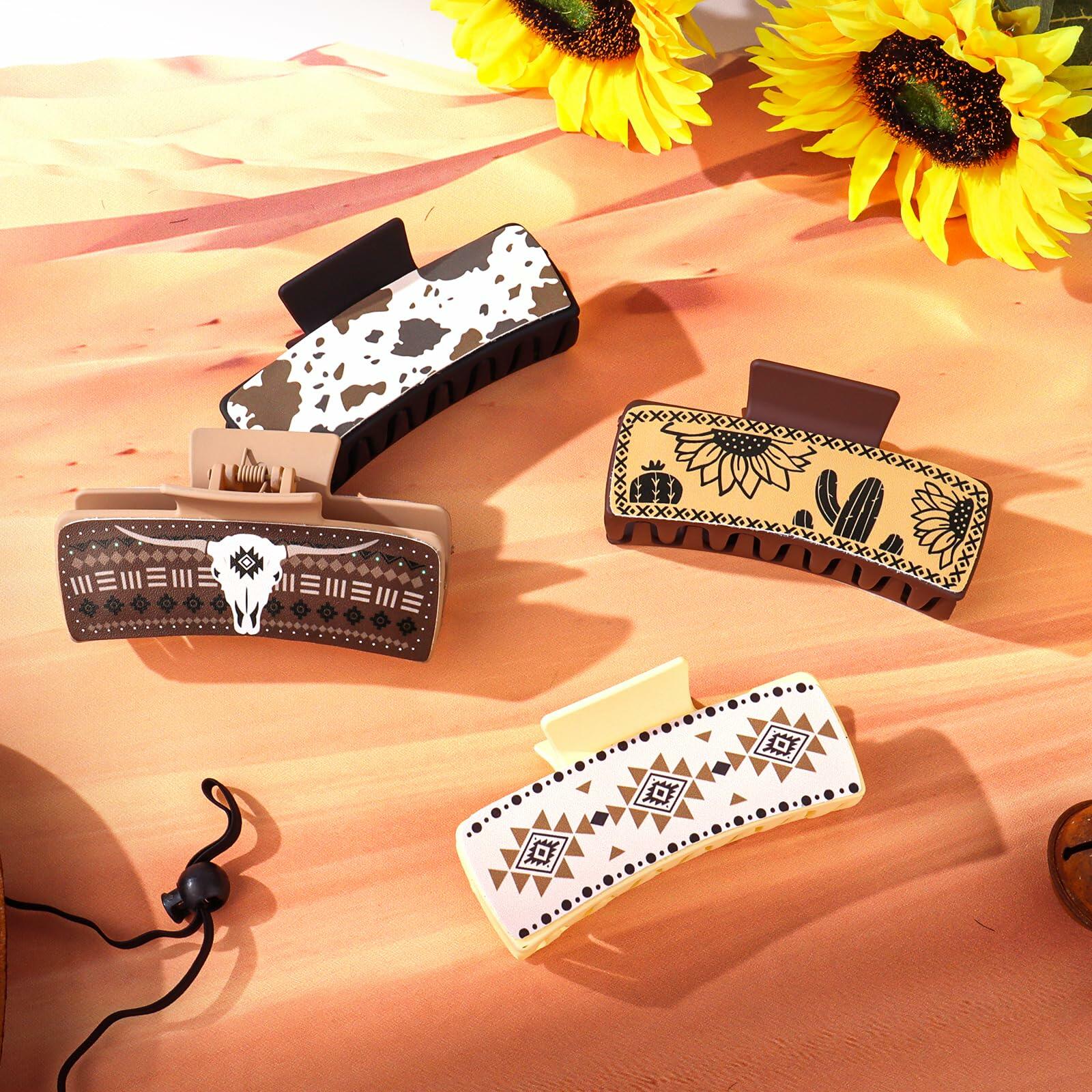 YARIEW Large 4" Leather Western Hair Claw Clips Sunflower Floral Brown