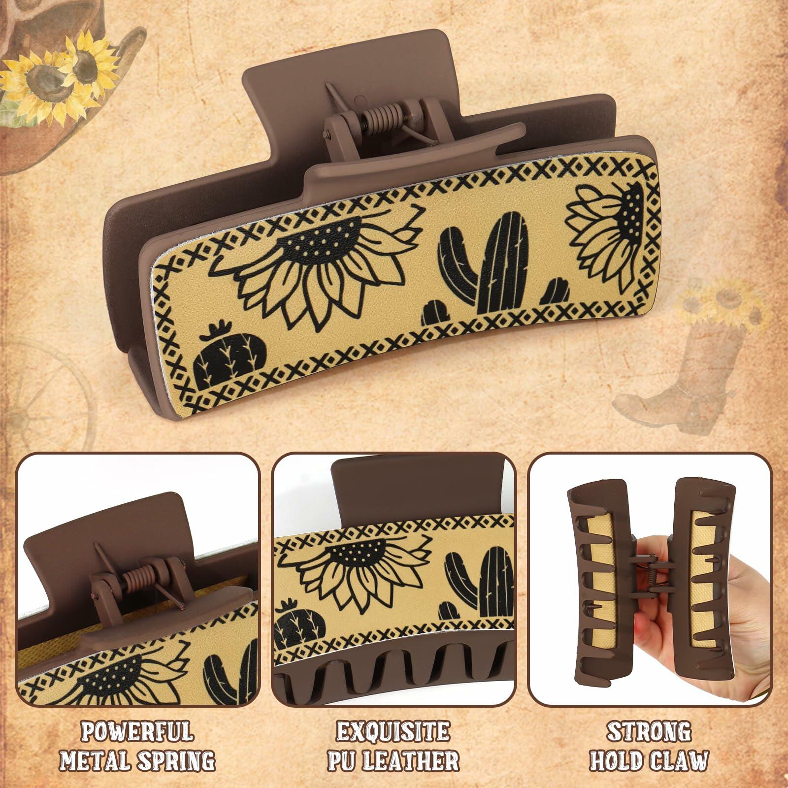 YARIEW Large 4" Leather Western Hair Claw Clips Sunflower Floral Brown