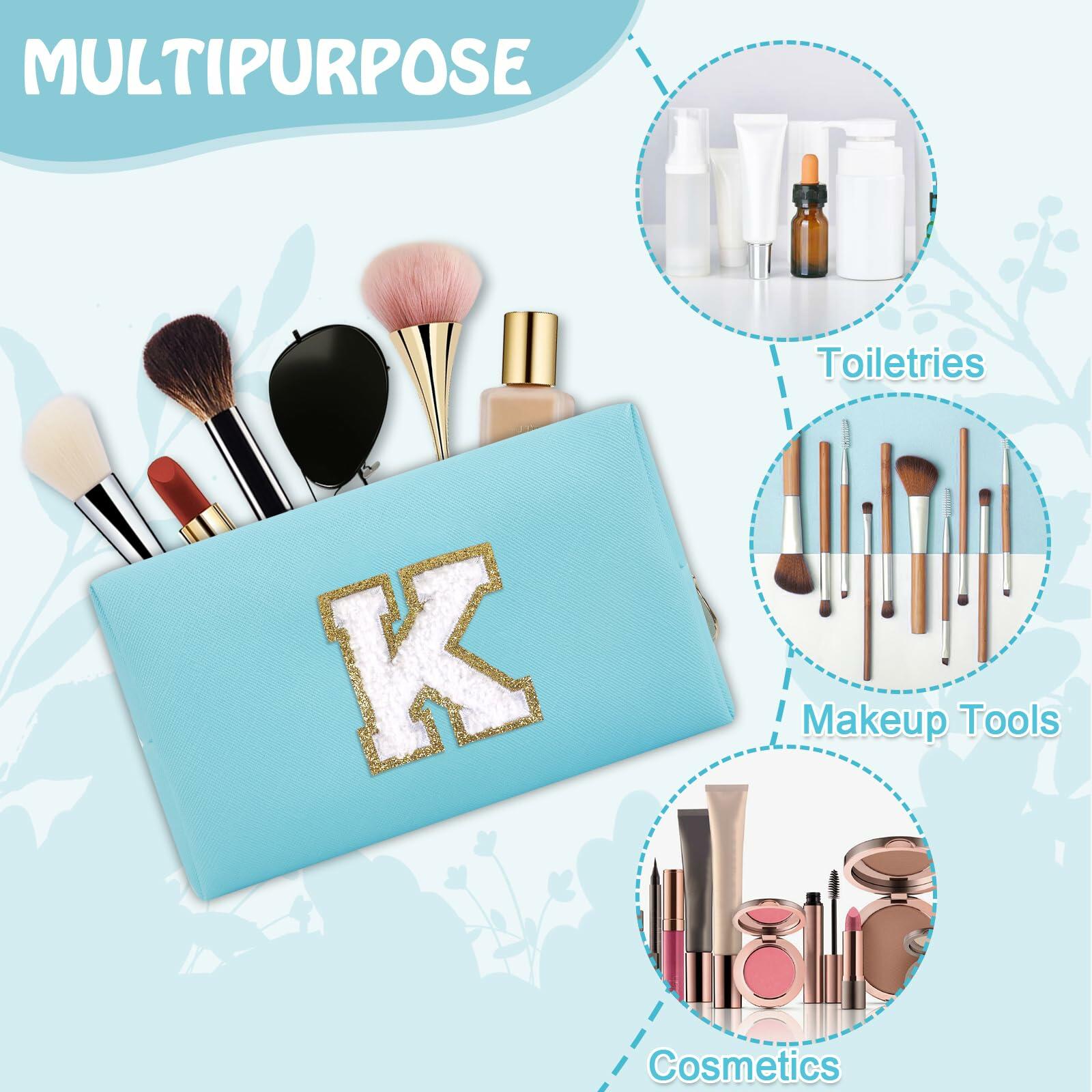 Personalized Chenille Letter K Makeup Bag Small Blue Waterproof PU Leather