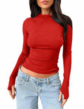 cailami Women's Long Sleeve Mock Neck Ribbed Slim Fit Top Red Size S