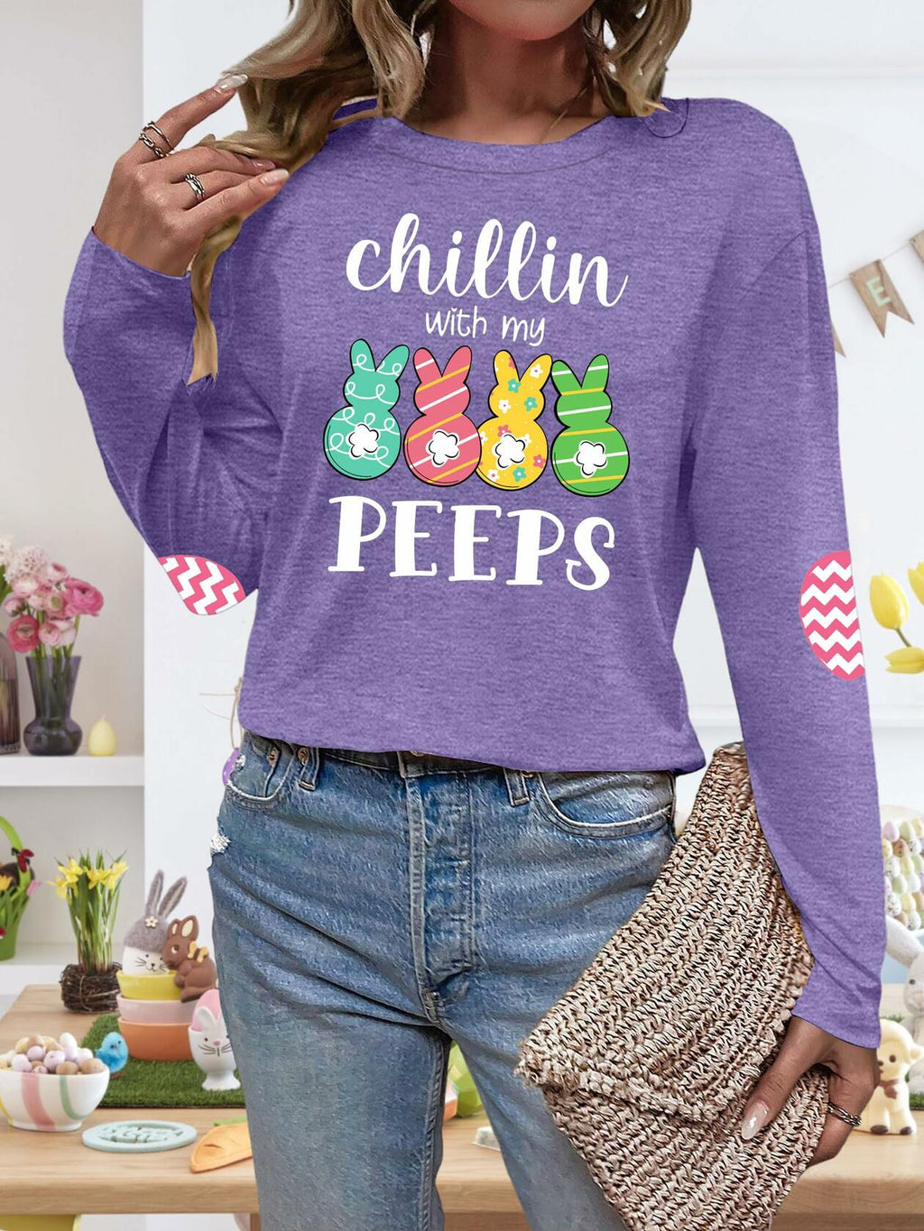 Easter Shirt Women Bunny Graphic Long Sleeve Tee Purple1 Size XXL