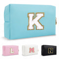 Personalized Chenille Letter K Makeup Bag Small Blue Waterproof PU Leather