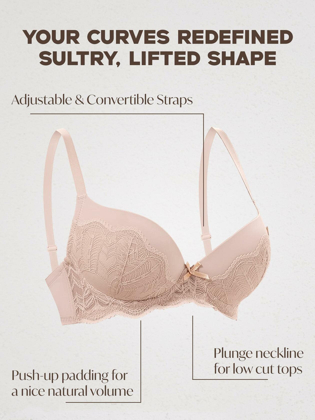 IHOIU Women's Lace Push Up Bra Padded Underwire Plunge Nude Size 34C
