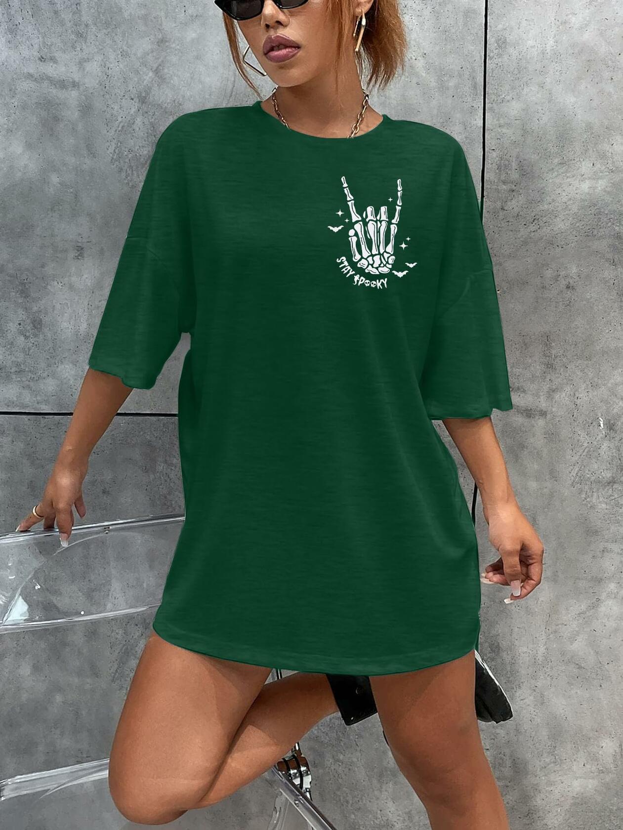 Halloween Oversize T-Shirt Women Spooky Graphic Ghost Tee Green Size M
