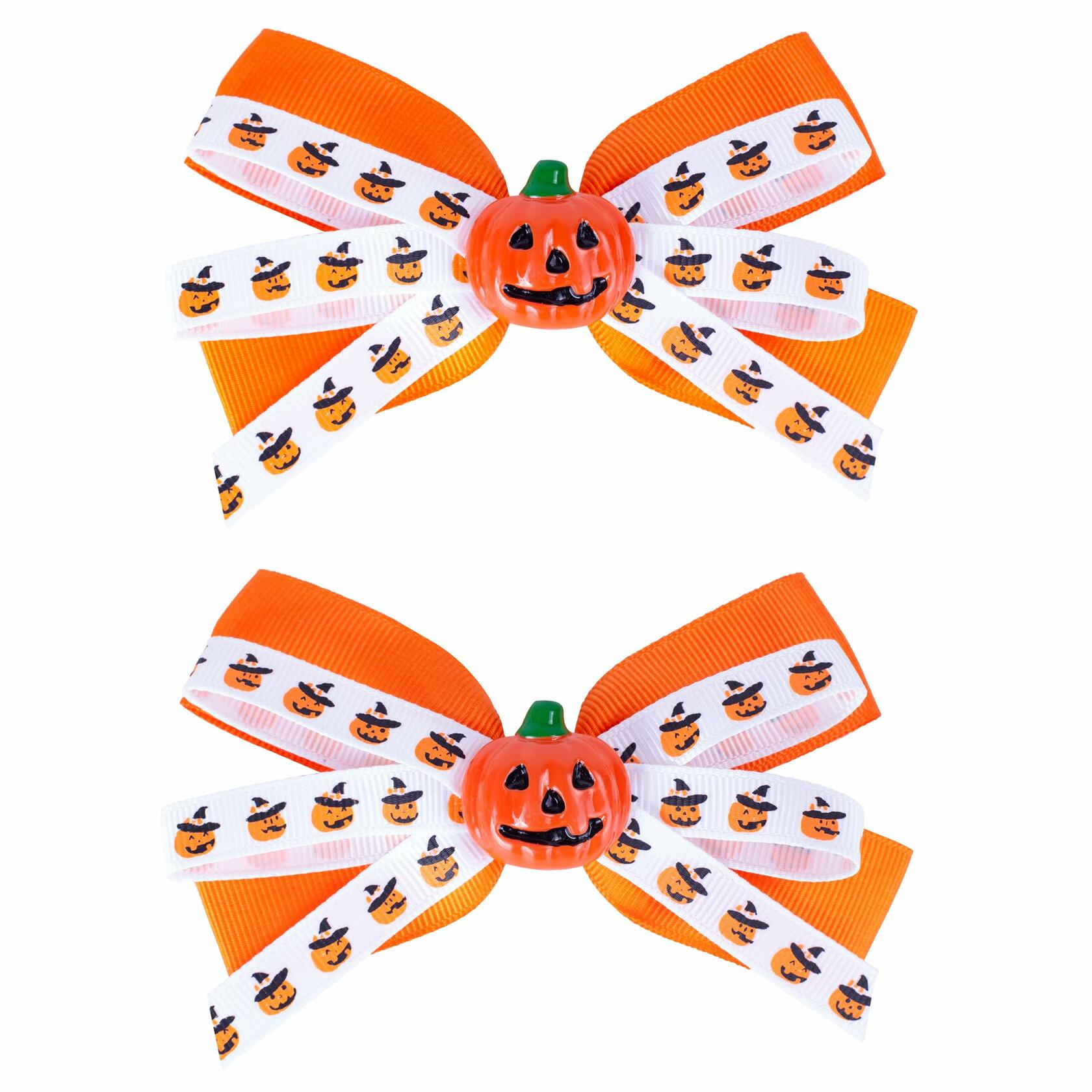 Halloween Pumpkin Hair Bows Clips Orange Dual-Layered Grosgrain Ribbon
