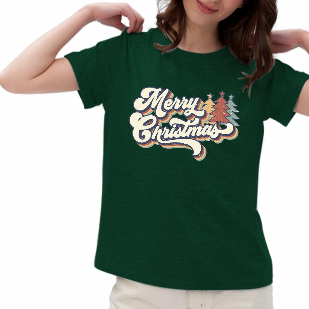 Vintage Merry Christmas Shirt Women Holiday Xmas Tee Tops Green Size S