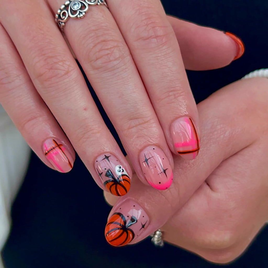 24 Pcs Black Short Square Press On Nails Skull Flower Halloween Full Cover