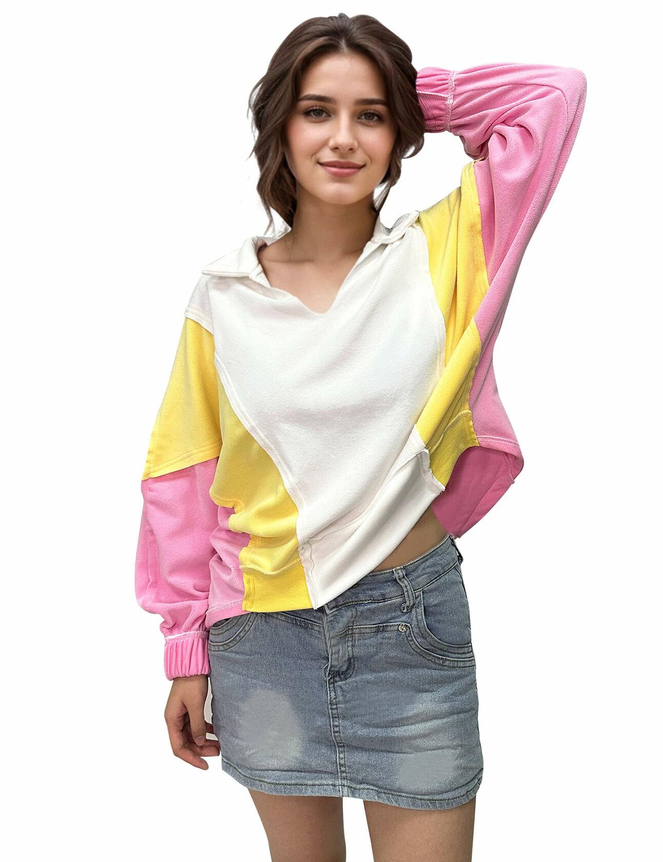Buxitt Colorblock Oversized V-Neck Dolman Sleeve Sweatshirt Patchwork Size L