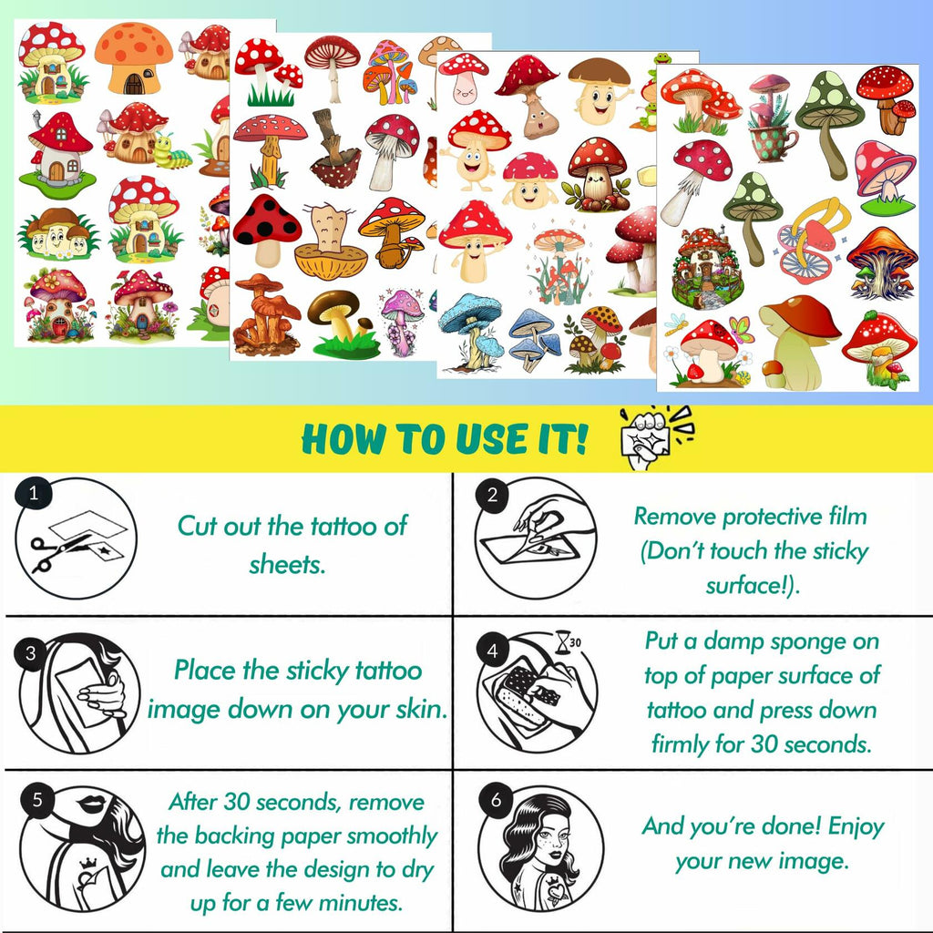 Mushroom Temporary Tattoos 50Pcs Cute Funny Stickers for Kids Boys Girls