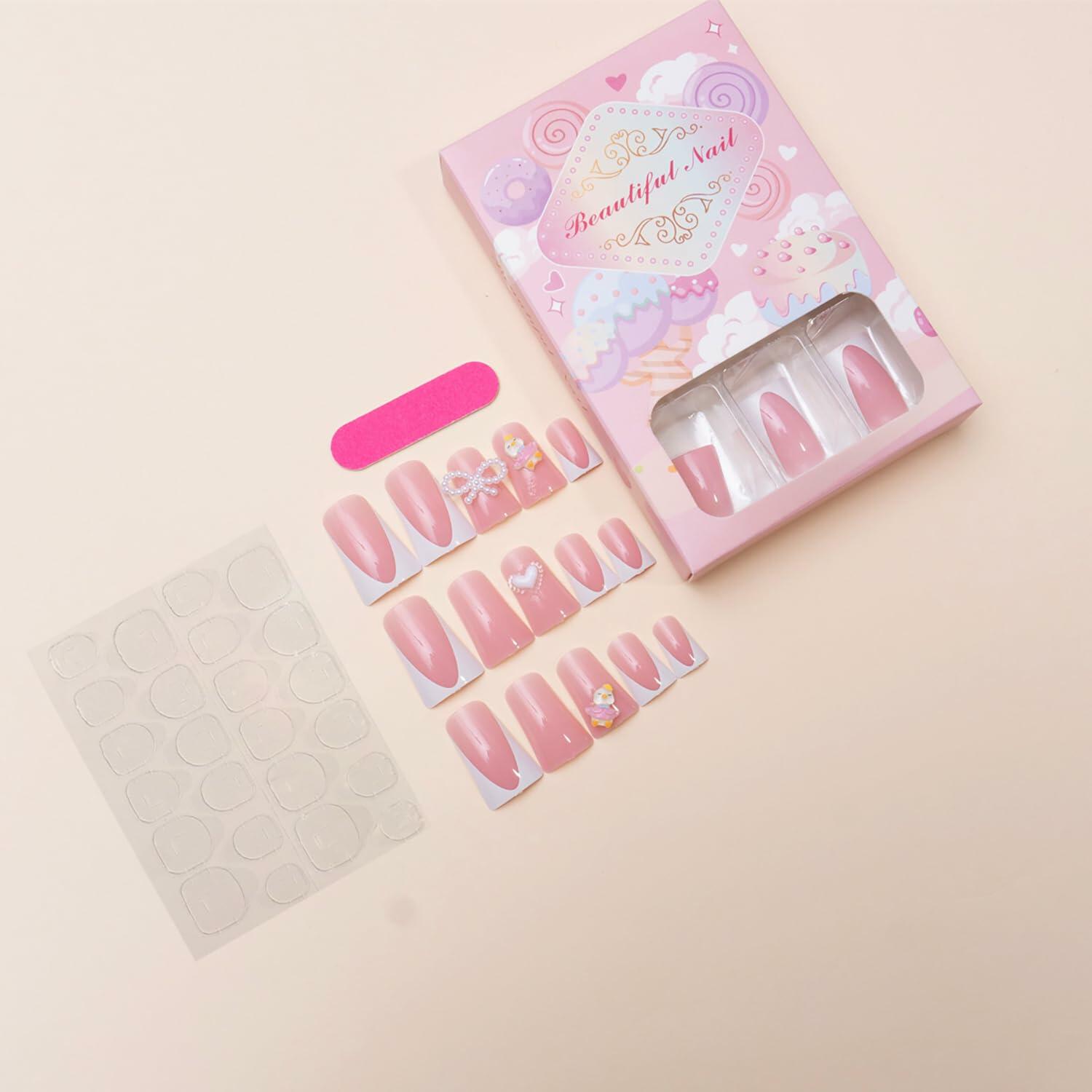 RIICFDD Press On Nails Medium Pink Duck Bow Butterfly 24 Pcs