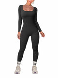 TOB Women Yoga Jumpsuit Ribbed Long Sleeve Square Neck Black Size L