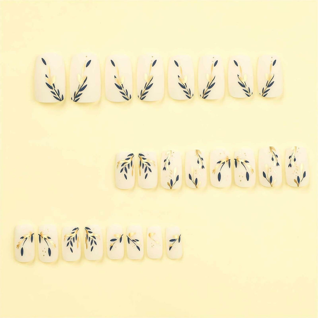 RUOKEXIN Acrylic Coffin Nails 24Pcs Red Blue Flower Gold Rhinestones Glossy