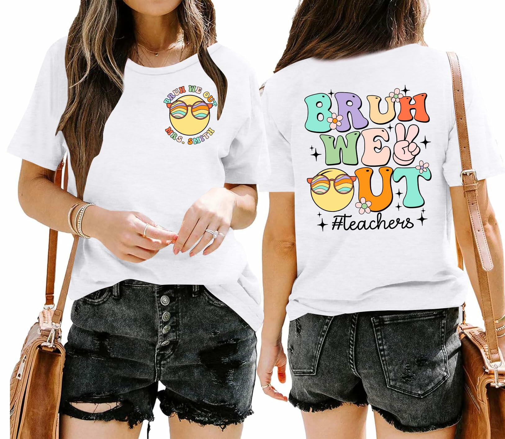 Teacher Shirts Women Last Day of School Bruh Letter Print White Size XL