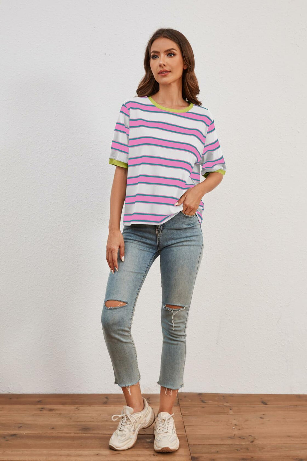 MISSACTIVER Short Sleeve Contrast Striped Tee Shirt Pink Large Size L