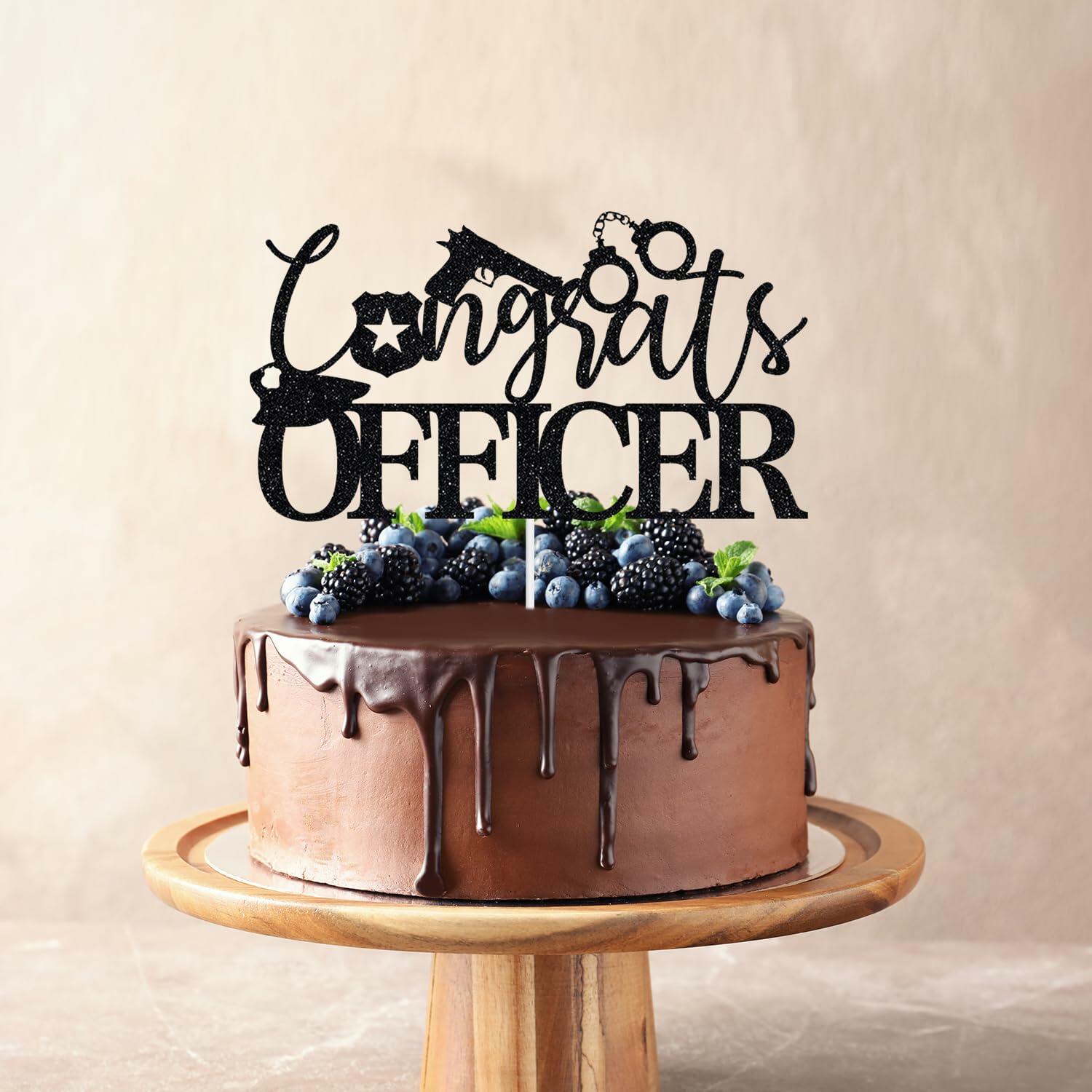 Congrats Officer Cake Topper 2025 Police Graduation Black Glitter