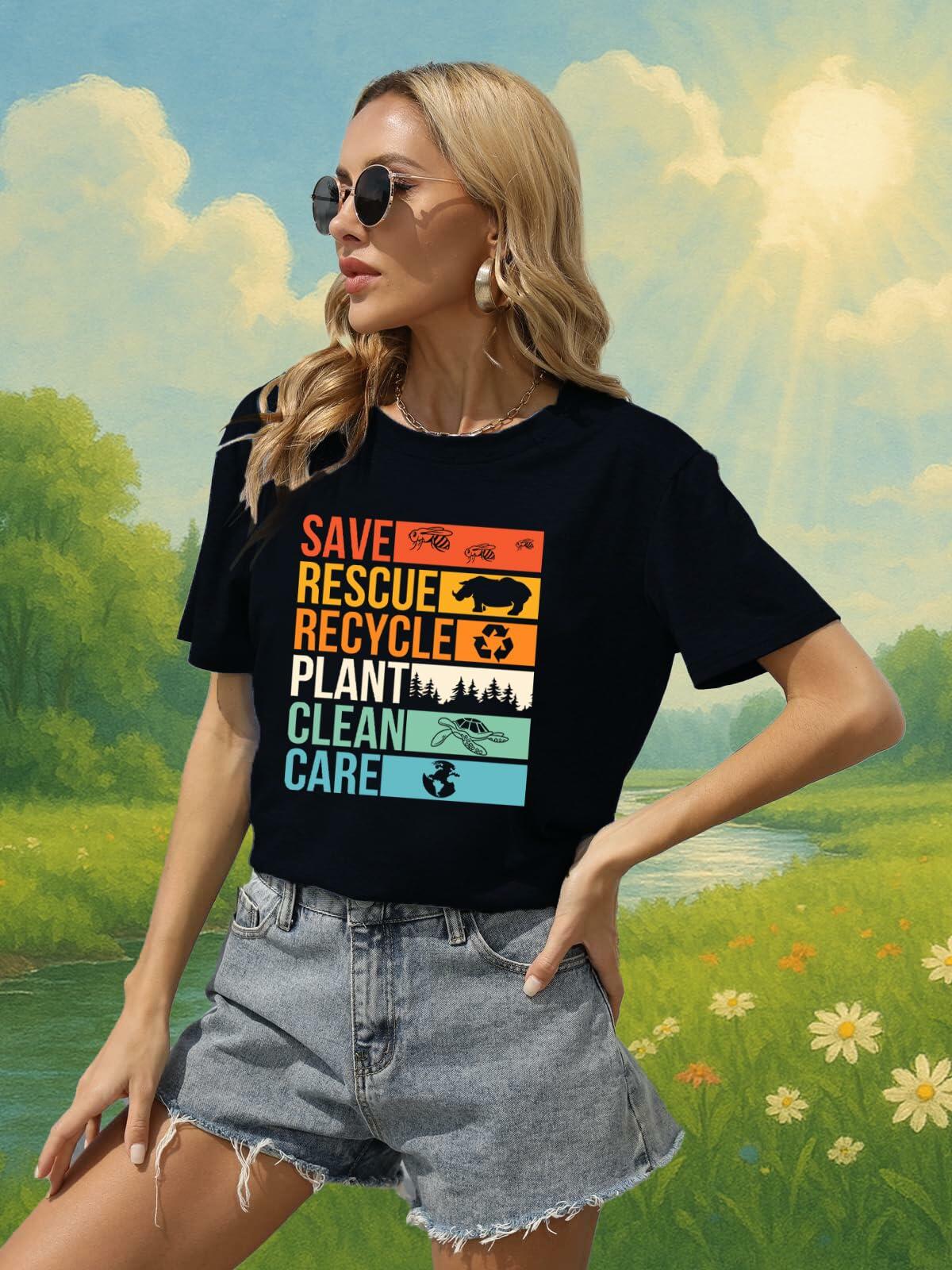 Earth Day Shirts Women Save Planet Bee Graphic Environmental Tee Black Size M