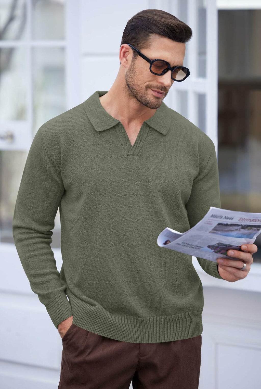 Herberton Men's Polo Sweater Pullover V Neck Long Sleeve Grey Size L