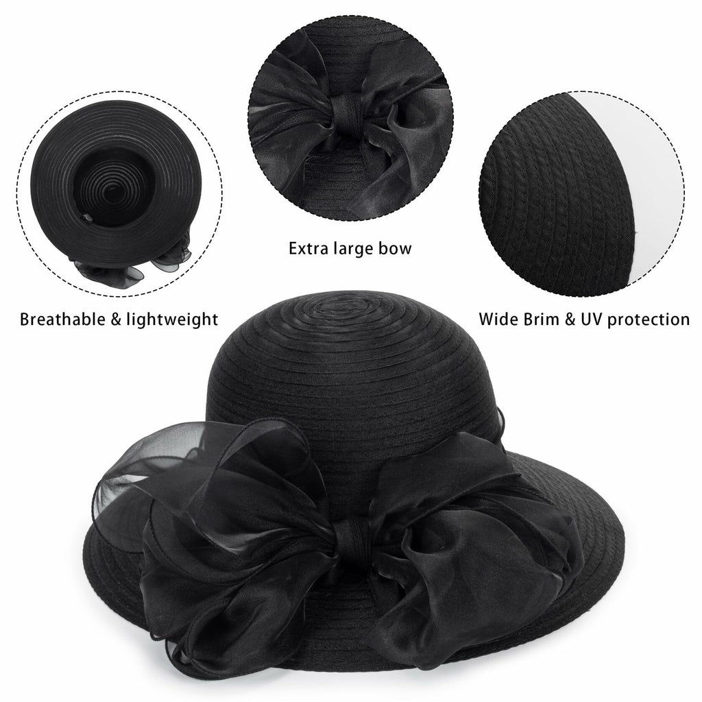 Kentucky Women Organza Sun Hat with Bow Black Wedding Tea Party Fascinator