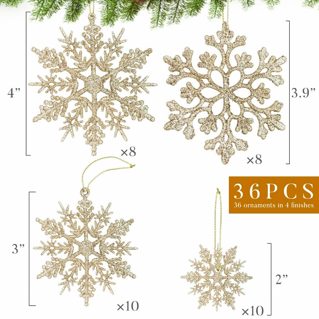 [Like New] Langley Christmas Snowflake Ornaments Set 36pcs Rose Gold 4 Sizes Glitter