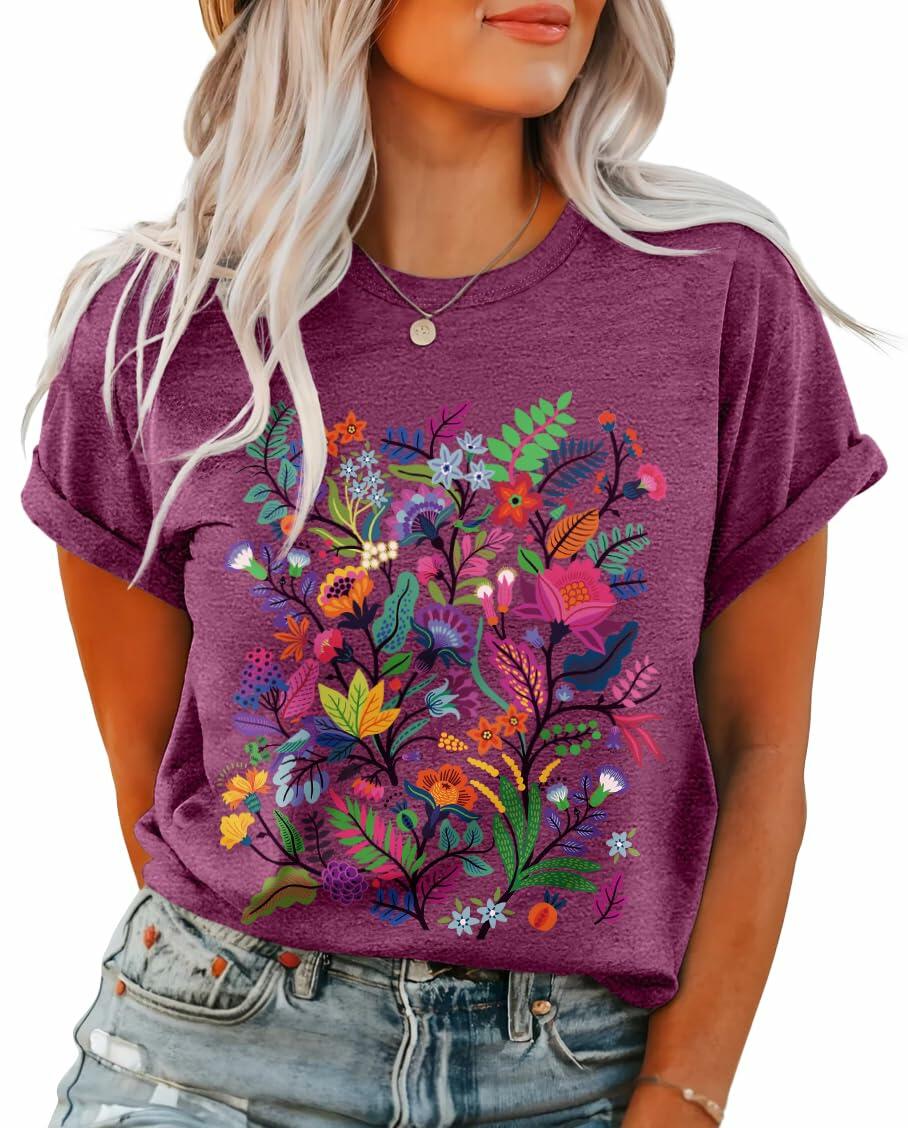 Inber Women's Boho Wildflowers Graphic Crewneck T-Shirt Size XL