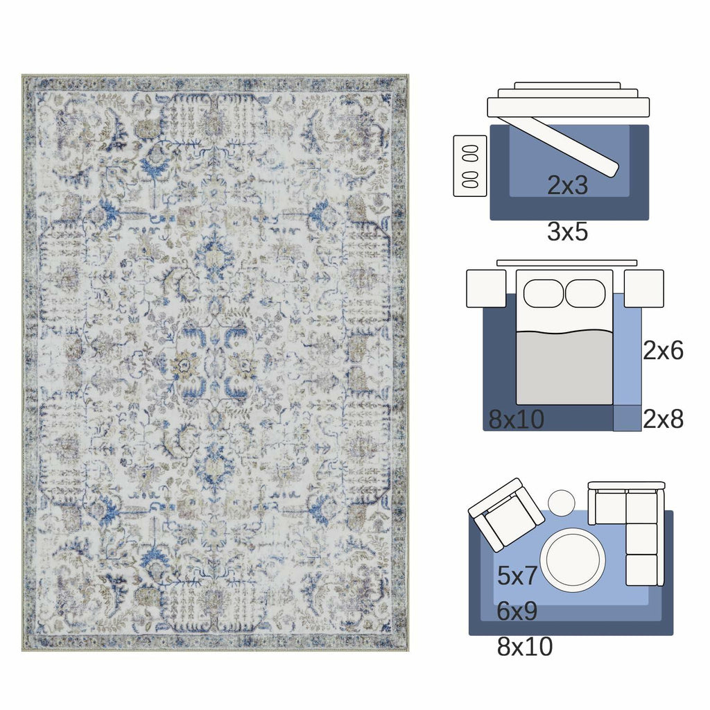 jinchan 5x7 Blue Washable Vintage Floral Area Rug Non-Slip Boho Carpet