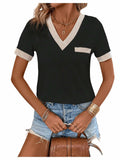 Verdusa Women's Contrast Binding V Neck Short Sleeve Colorblock Tee Black Size S