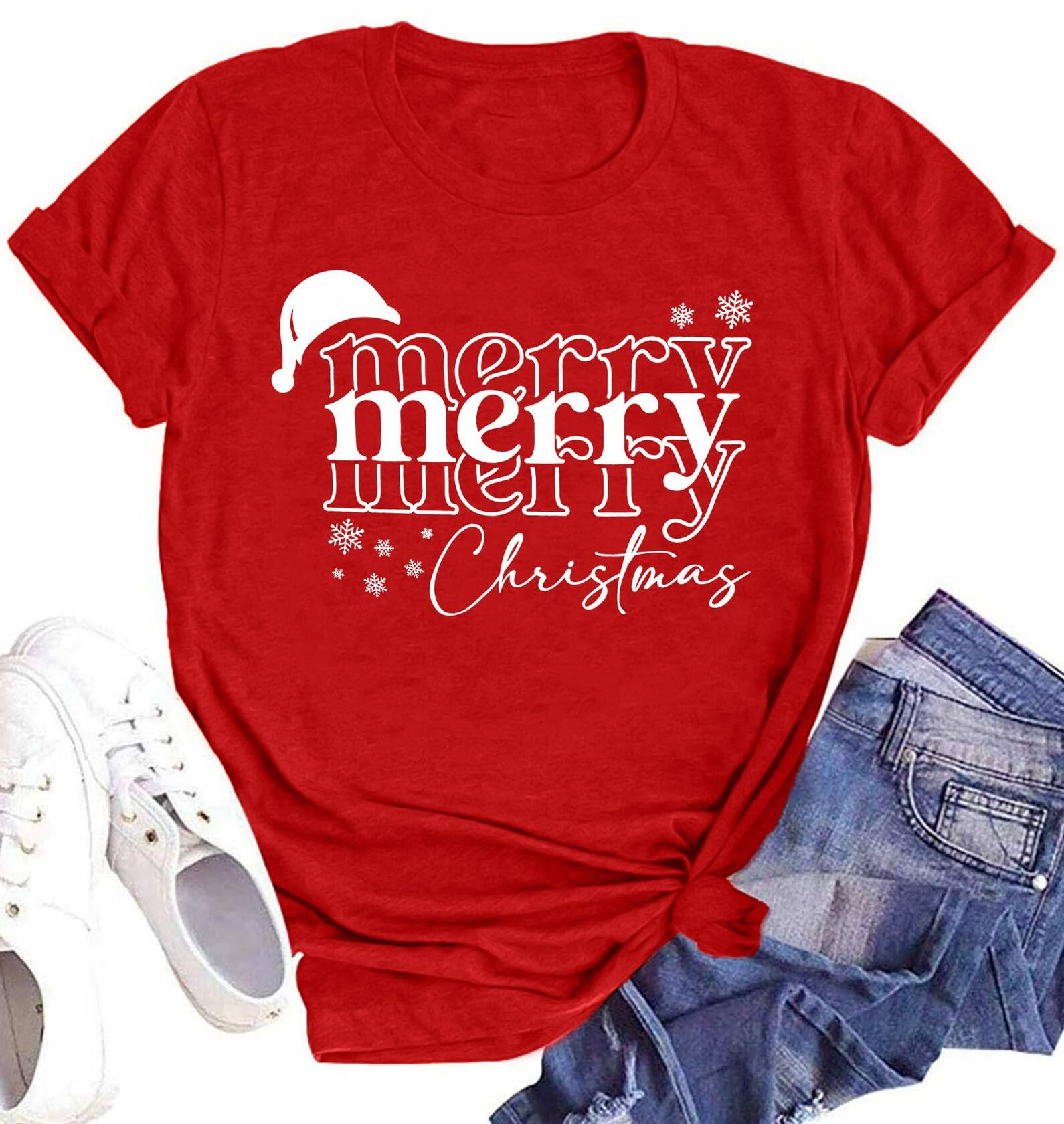 Merry Christmas Women's Graphic Short Sleeve Shirt Green Size XXL