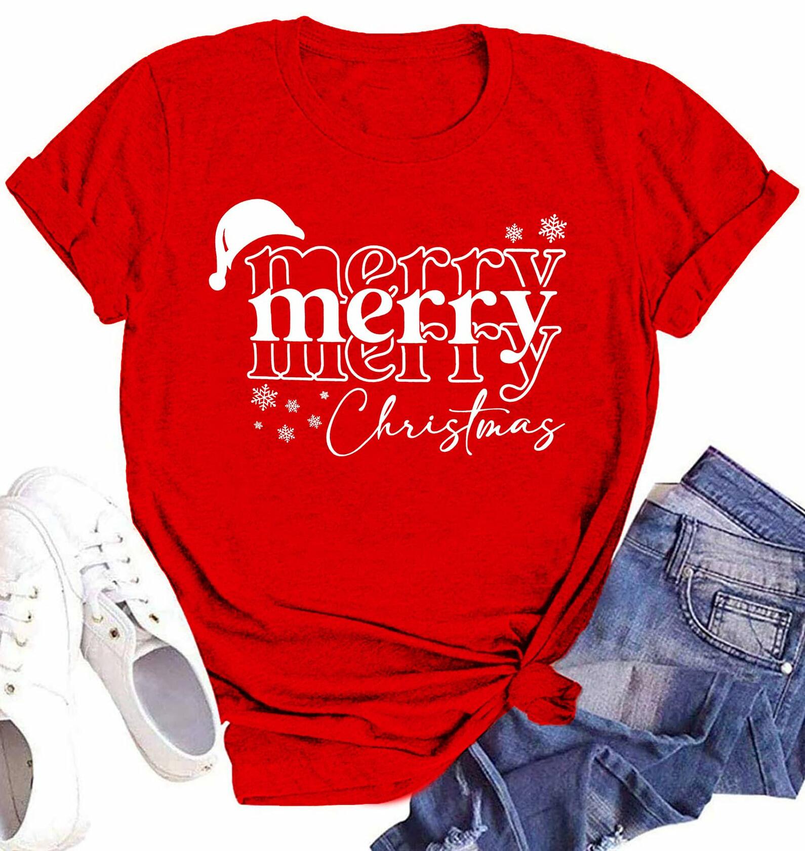 Merry Christmas Women's Graphic Short Sleeve Shirt Green Size XXL