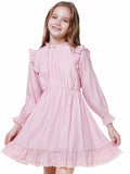 WULFUL Girls Long Sleeve Flared Belted A-line Dress Pink Size 9-10