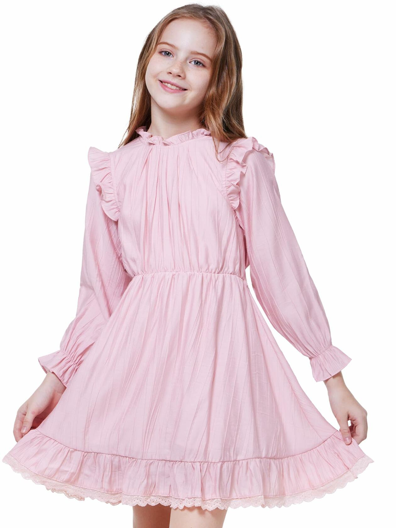 WULFUL Girls Long Sleeve Flared Belted A-line Dress Pink Size 9-10